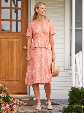 386. April Cornell Floral Peach Peplum Midi Dress
